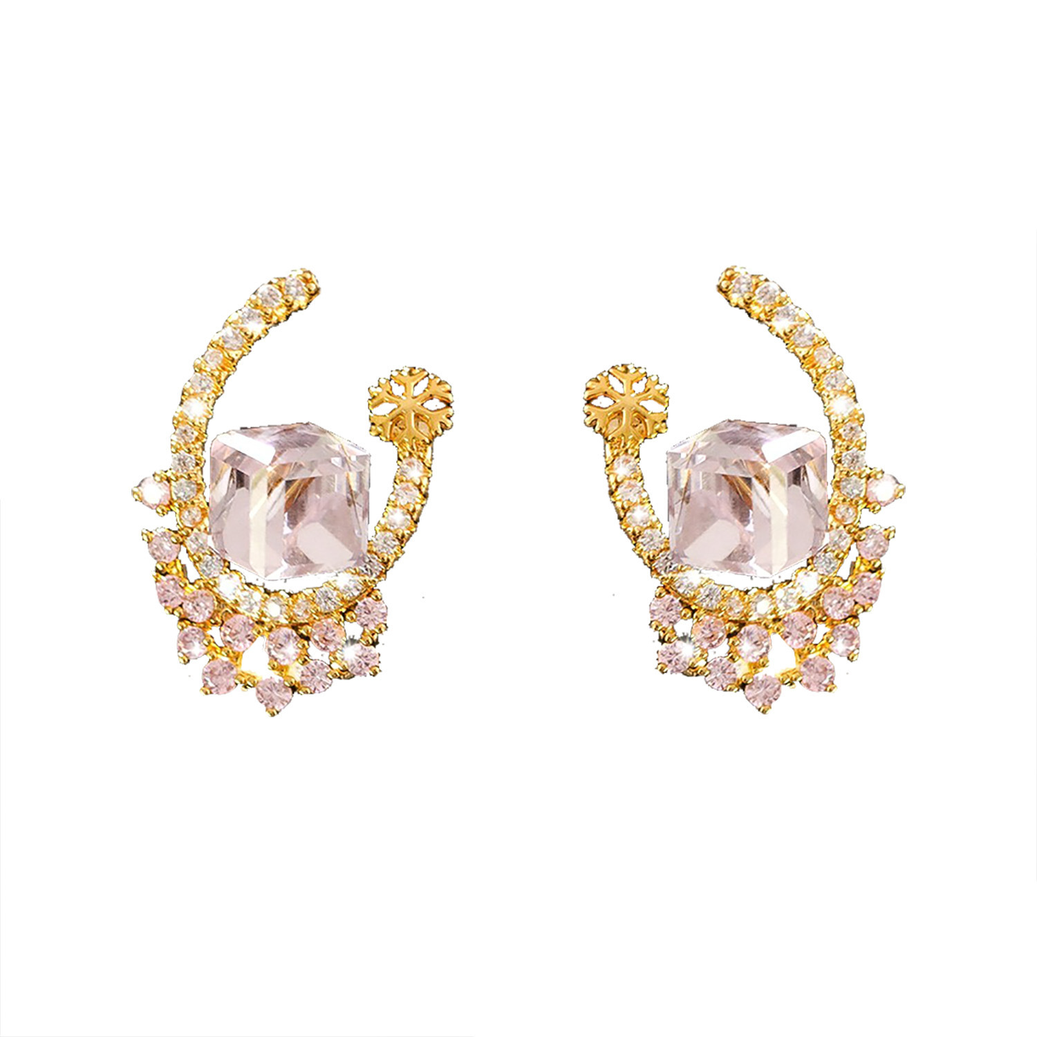 Elegant Pink Zircon Stud Earrings Fashionable Geometric Pattern Women's Jewelry Accessories Shiny Gentle Lady Ear Decor High-End Hoops