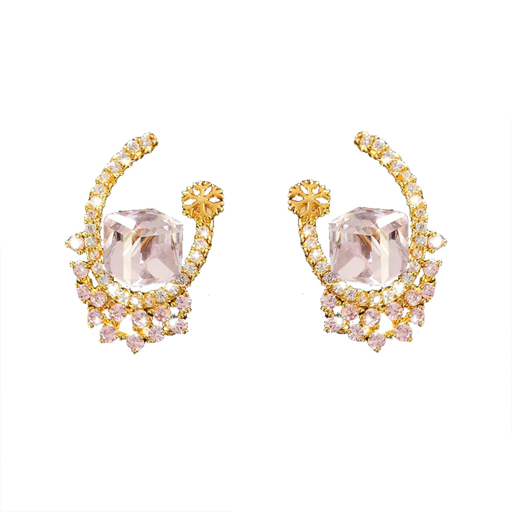 Elegant Pink Zircon Stud Earrings Fashionable Geometric Pattern Women's Jewelry Accessories Shiny Gentle Lady Ear Decor High-End Hoops