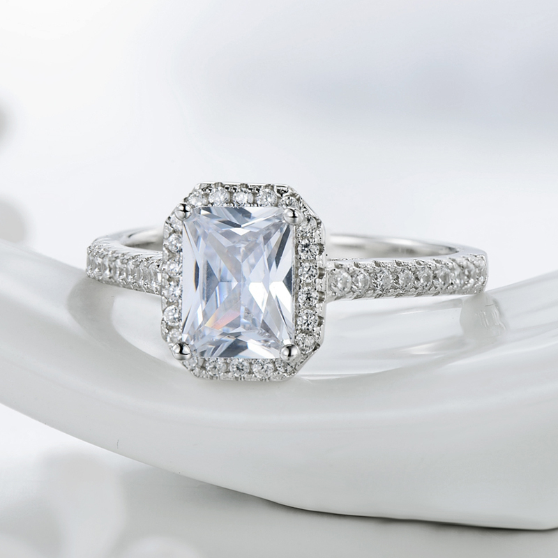 Wedding Engagement 925 Sterling Silver Women'S Zircon Silver Rhodium Plated Rectangle Rings