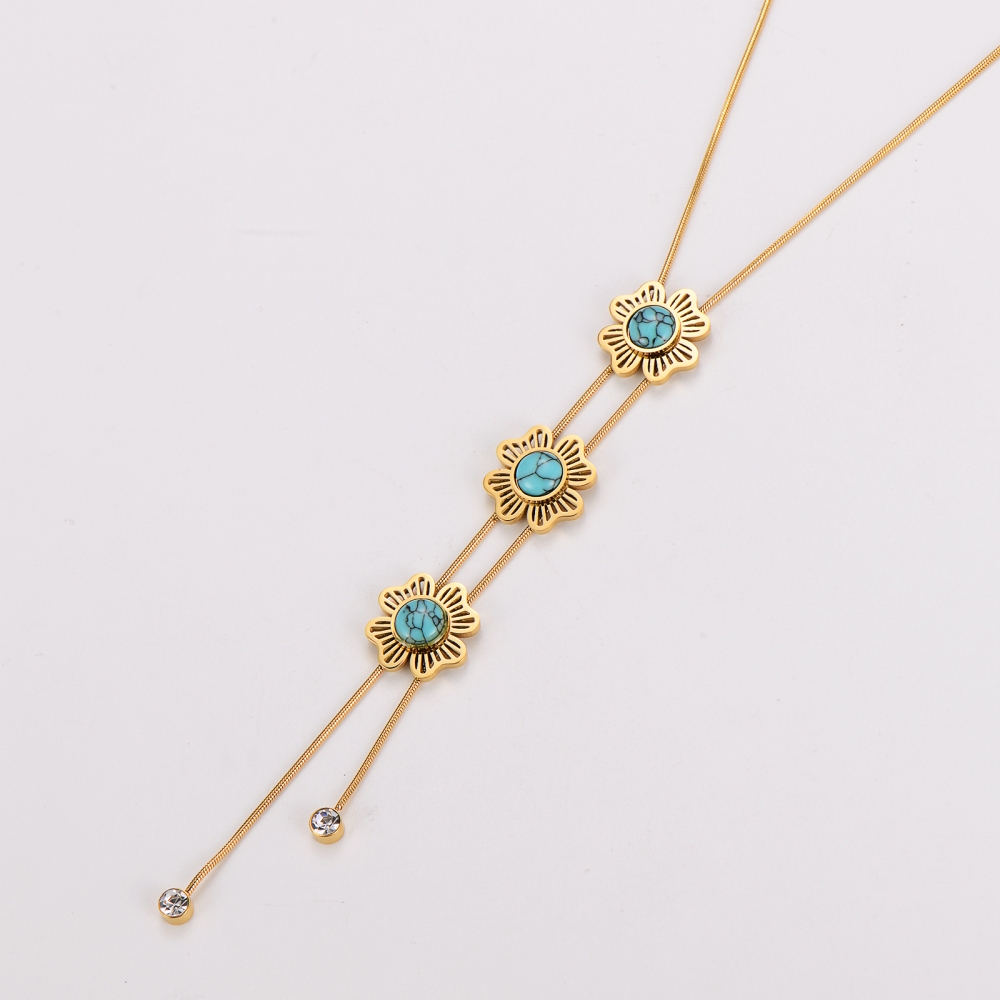 AML Retro Niche Diamond-Studded Ethnic Style Stainless Steel Flower Turquoise Necklace And Earring Set For Women, Light Luxury Elegant Versatile Accessories