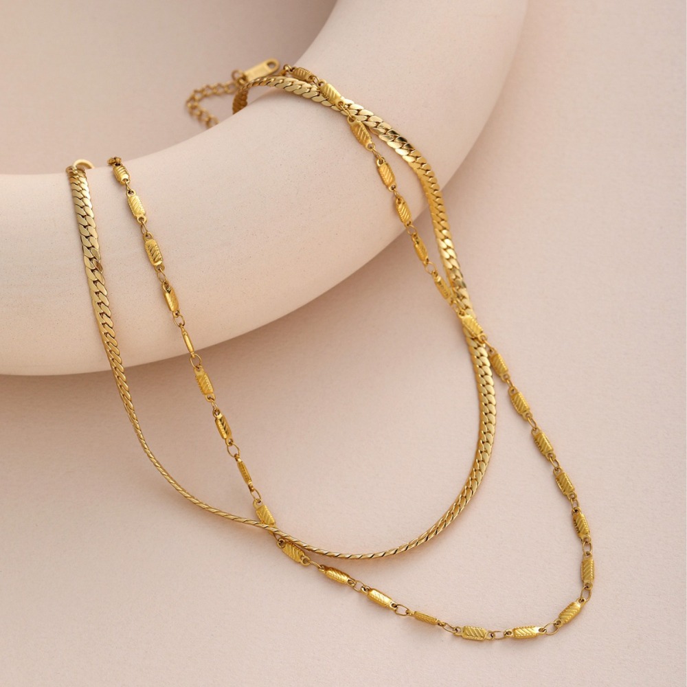 18K Gold Plated Non-Fading Double Layer Oval Splicing Necklace For Women Geometric Stainless Steel Jewelry Accessories