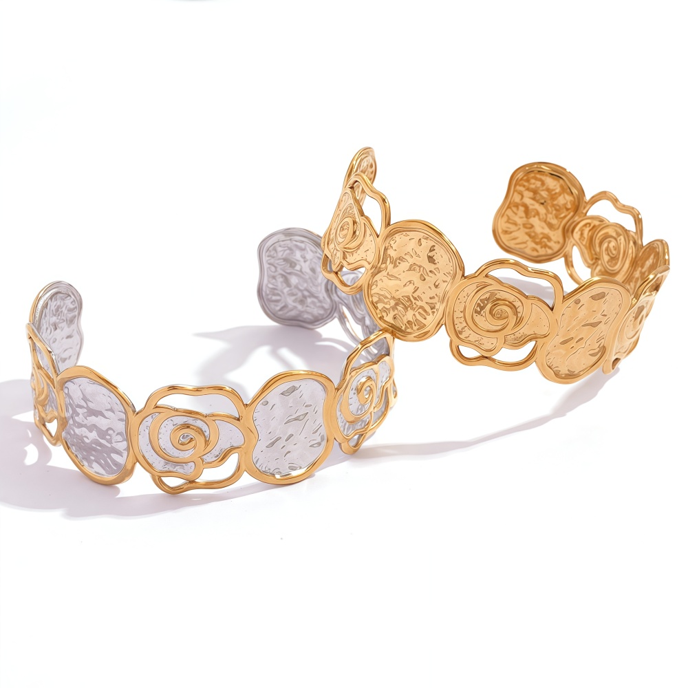 18K Gold Plated 304 Stainless Steel Vacuum Electroplating (In Furnace) Vintage Floral Rose Women's Bracelet Thick Jewelry Accessories Waterproof Non-Fading Asymmetric Three-Dimensional