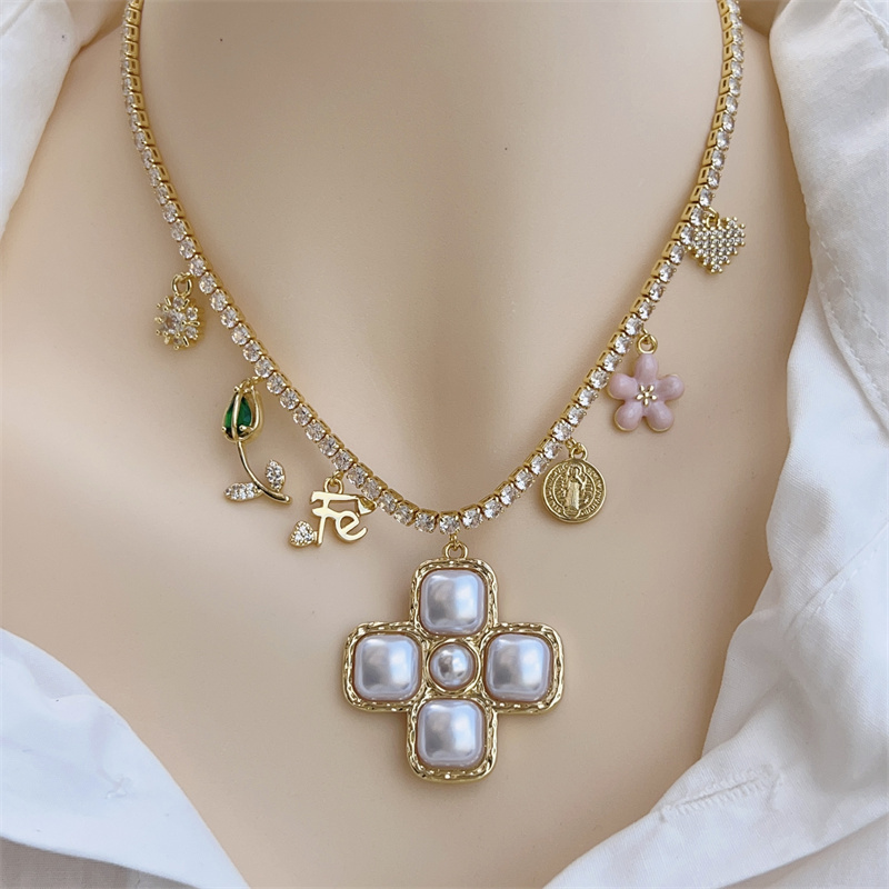 18K Gold Plated Handmade Double Pendant Cross Multi Pendant Necklace Classic Simple Style Daily Wear Gift Copper Pendant Lobster Clasp