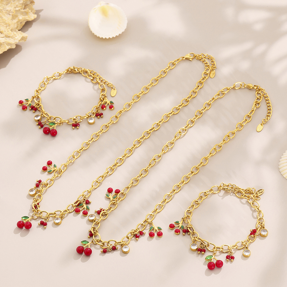 Stainless Steel Cherry Red Pearl Zirconia 18K Gold Plated Bracelet Necklace Set Versatile Personality Jewelry Accessories