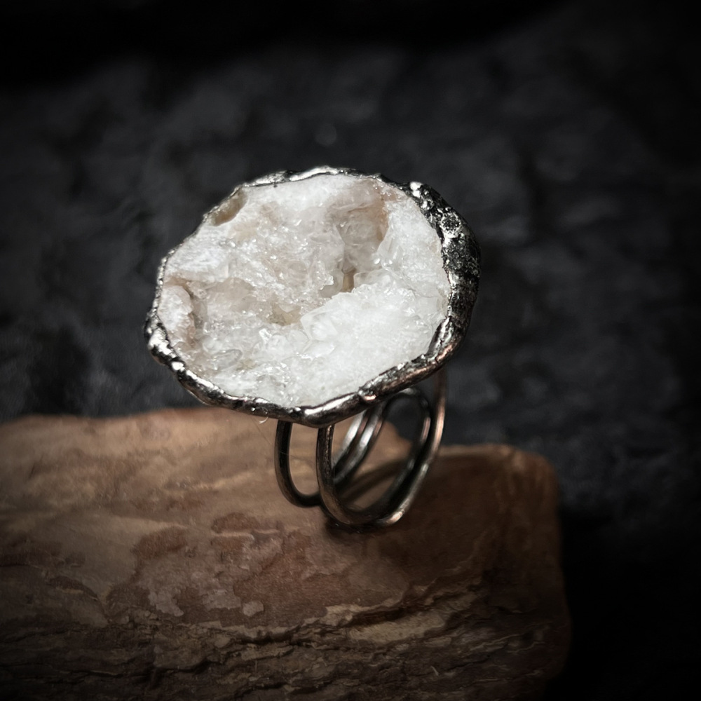 Retro Handmade Adjustable Silver Gold Plated Agate Crystal Ring Open Geometric Unisex Wide Band Jewelry Accessories