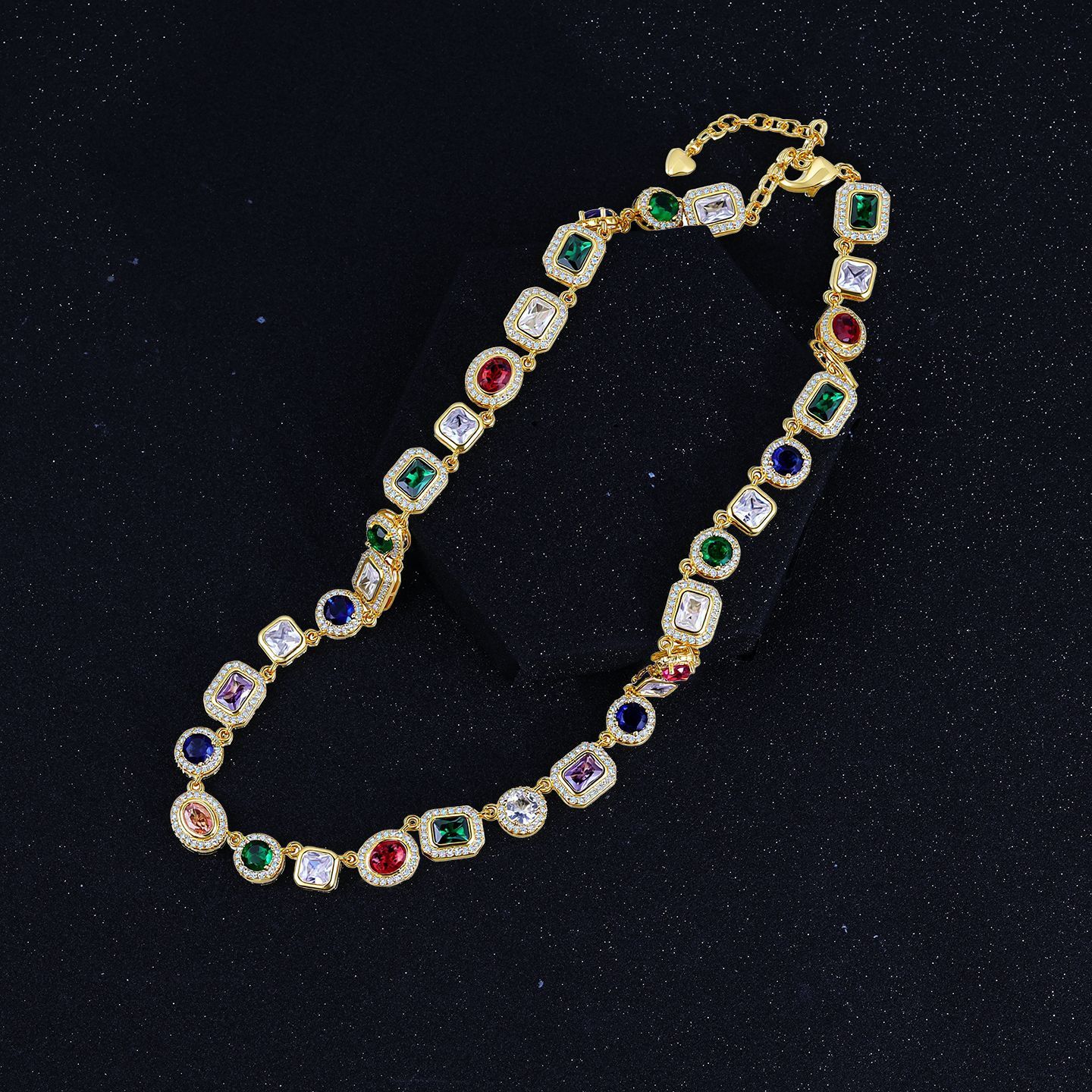 Cool Men's Cuban Link Necklace Trendy Hip Hop Style Colorful Heart Rhinestone Chain Fashionable Geometric Pattern Unisex Jewelry