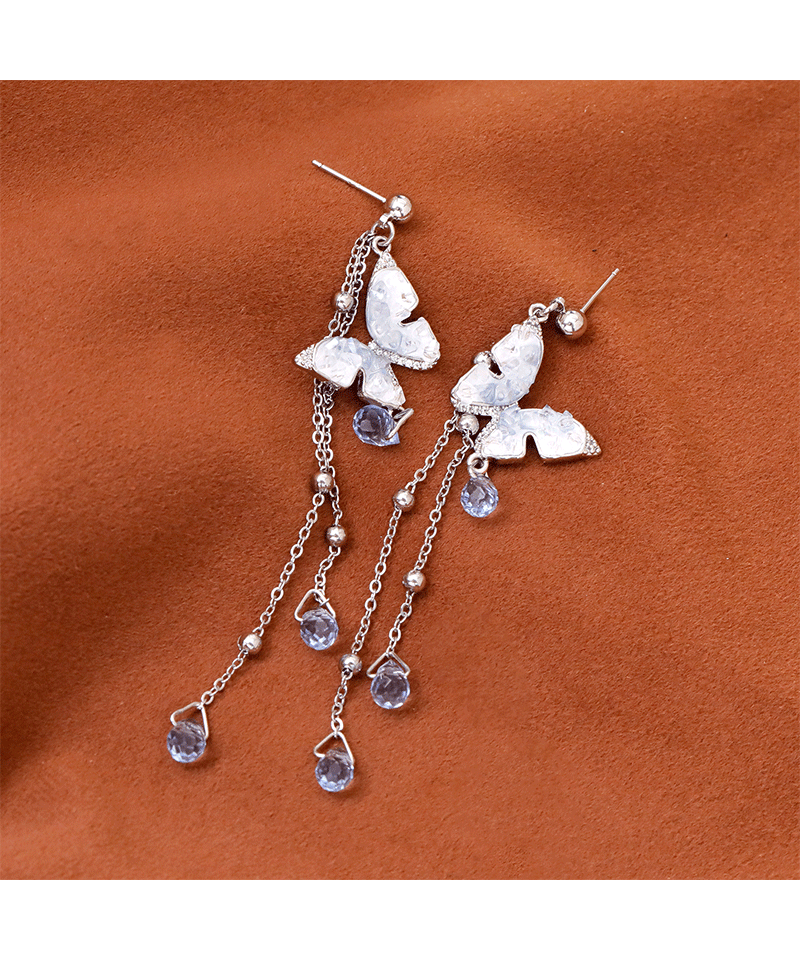 Luxurious Gradient Crystal Butterfly Waterdrop Tassel Earrings Fashion Sweet Personality Round Face Women's Jewelry Accessories