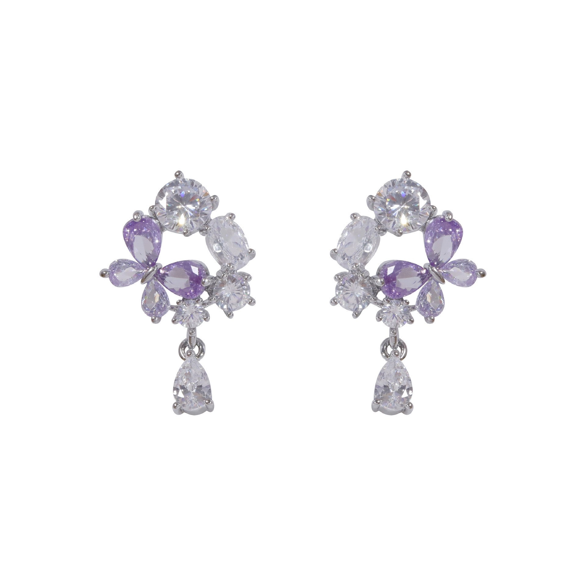 French Romantic Purple Flower Women's Earrings Ultra Sparkling Luxury Zircon Studs Versatile Fashion Jewelry Accessories