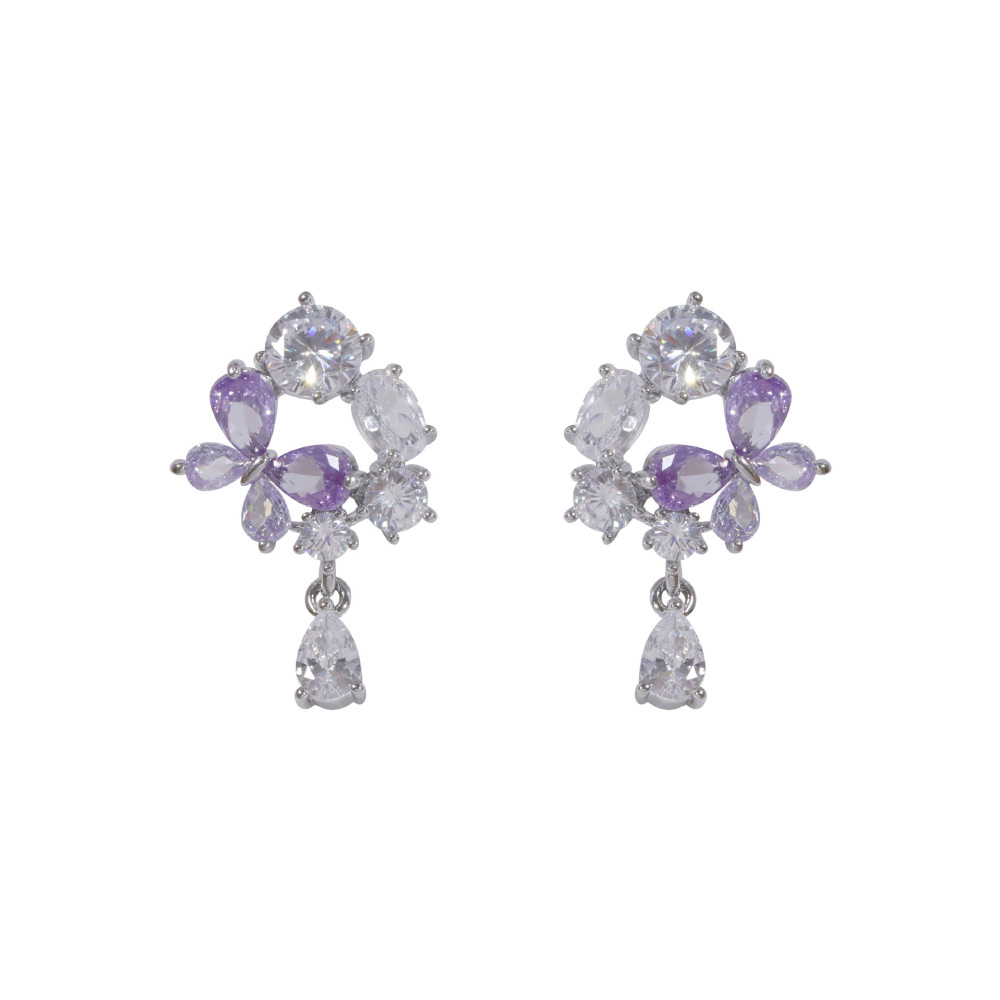 French Romantic Purple Flower Women's Earrings Ultra Sparkling Luxury Zircon Studs Versatile Fashion Jewelry Accessories