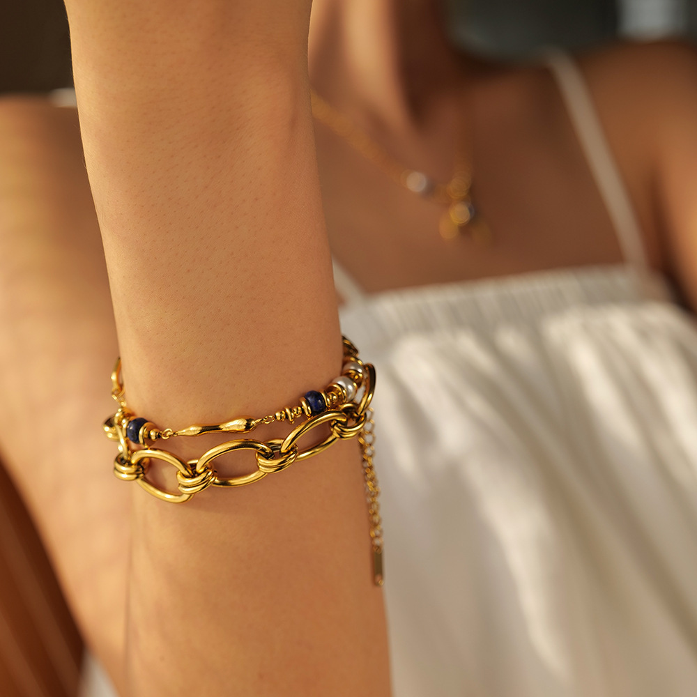 Electroplated (Including Color Retention Layer) Gold-Plated Geometric Pattern 304 Stainless Steel Pearl Bracelet Non-Fading European And American Style High-End Sensual Ins Style Jewelry Accessories