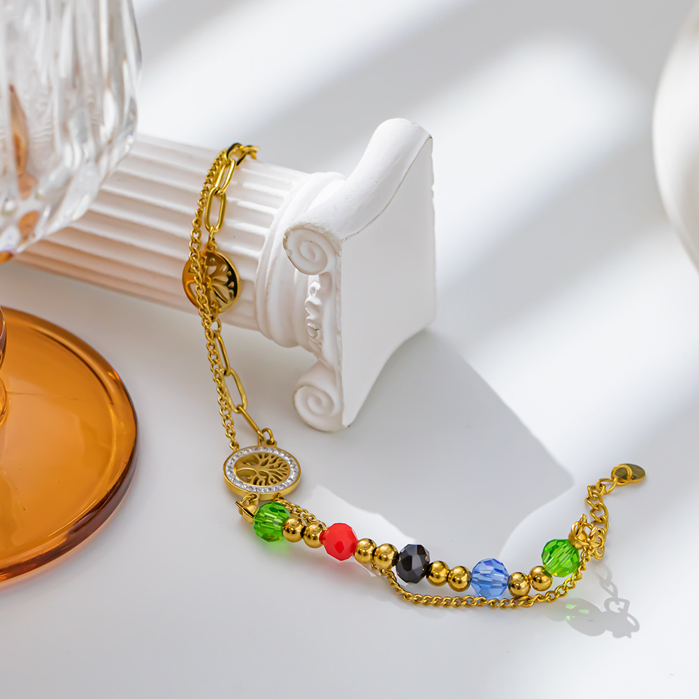 Double Layer Connected Irregular Round Colorful Beads Fashionable Luxury Retro Tree Of Life Bracelet For Women Titanium Steel