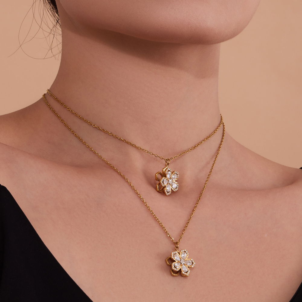 Lucky Flower Zircon 360 Degree Rotating Earrings Ring Necklace Set 18K Gold Plated Jewelry Accessories Elegant Luxury Romantic