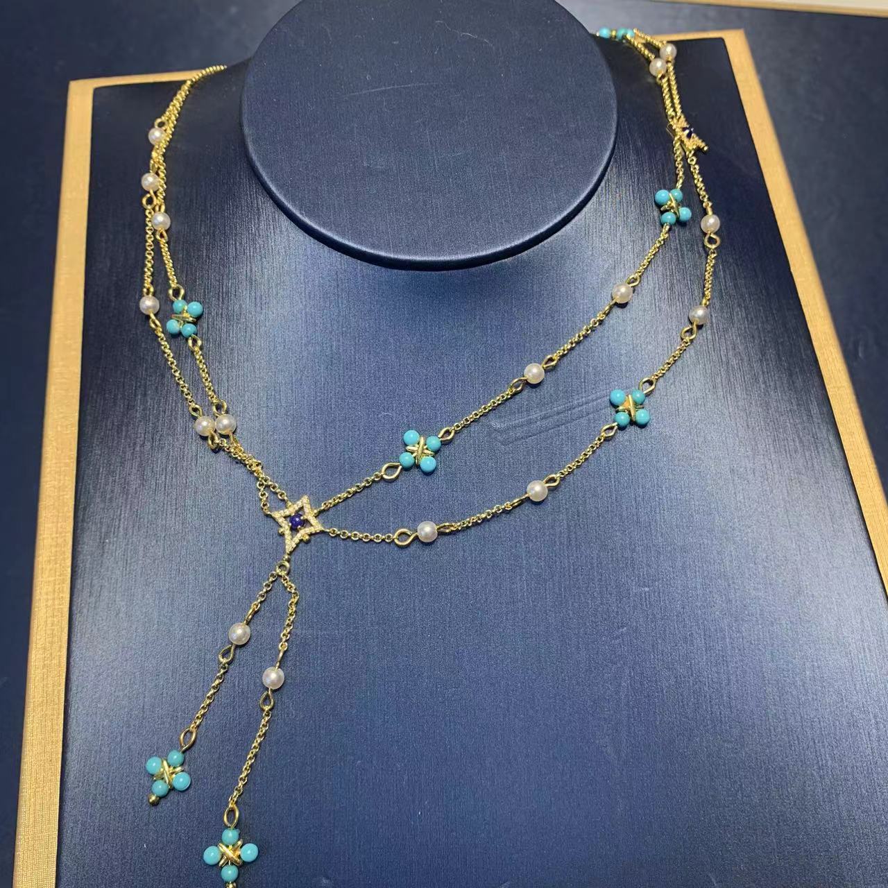 Elegant Green Turquoise Pearl Necklace For Women With Four Leaf Clover Tassel Clavicle Chain Simple Geometric Design Jewelry