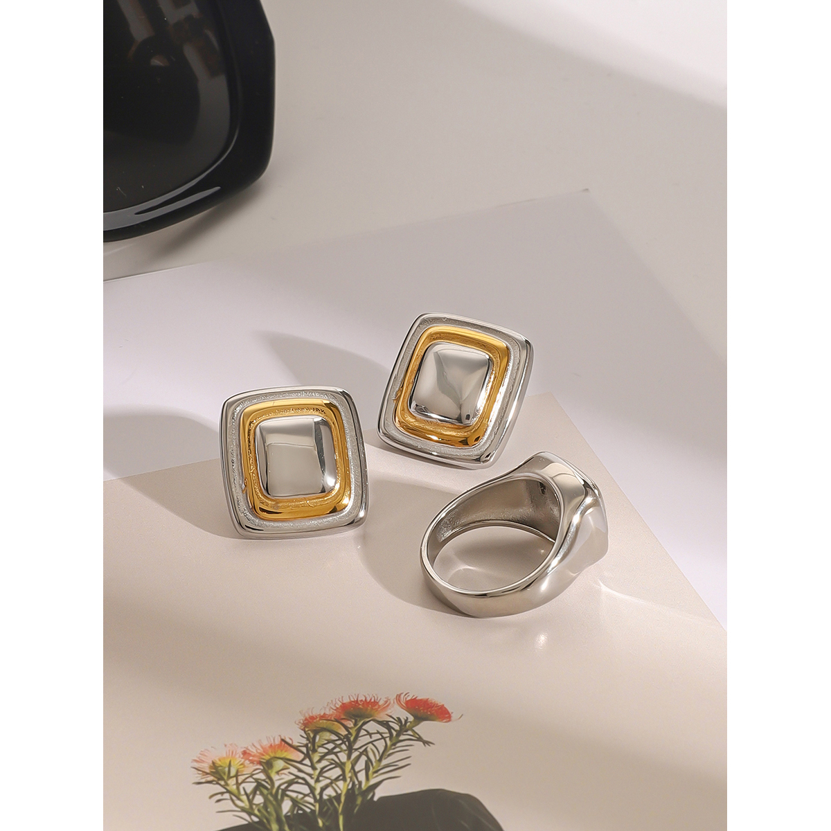 304 Stainless Steel Square PVD Coated 18K Real Gold Plated Vintage Style Classic Style Mixed Metal Rings Earrings