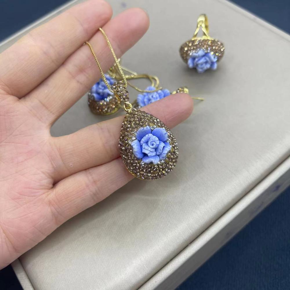New Soft Clay Flower Inlay Three-Piece Set Personalized Lapis Rose Flower Mid-Aged High-End Feeling Jewelry Accessories