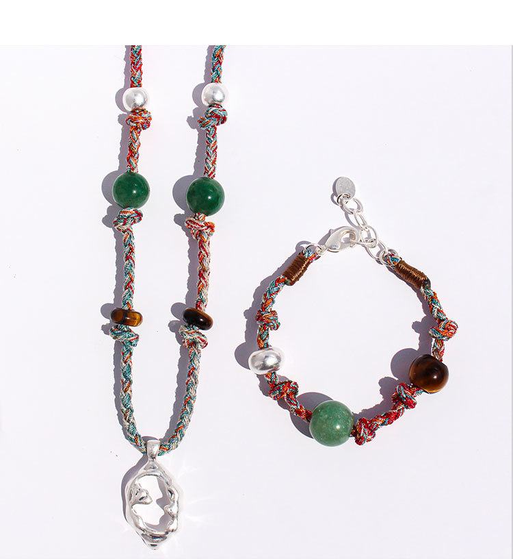 Handmade Colorful Beaded Natural Stone Necklace Liquid Silver Pendant Tiger Eye Stone Bracelet For Ladies Beach Vacation Style Accessories