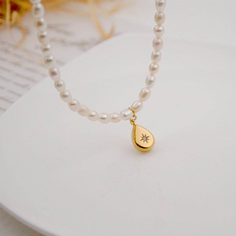 Gold Titanium Steel Water Drop Necklace Freshwater Pearl Retro Collarbone Chain Women's Jewelry Accessories