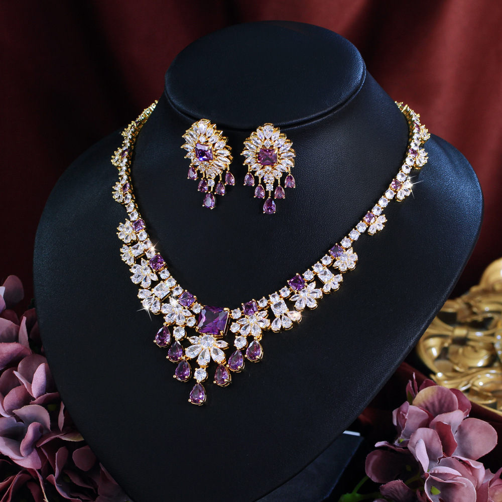 Elegant Copper Wedding Jewelry Set Sparkling Zircon Necklace Earrings Dinner Party Accessories Suitable For Women To Wear On Weddings Or Parties