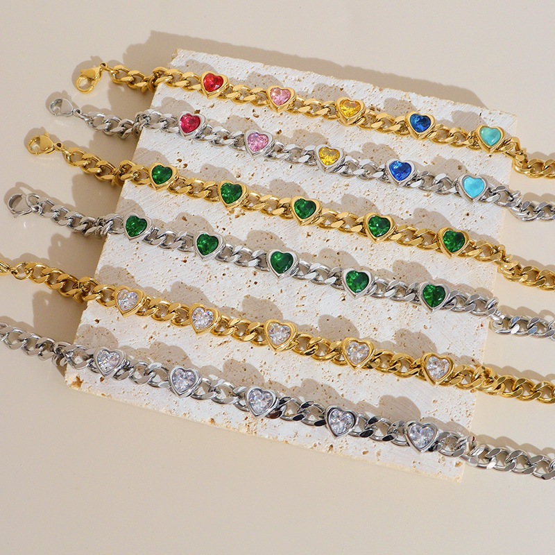 Fashion Heart Shape 304 Stainless Steel 16K Gold Plated White Gold Plated Gold Plated Zircon Stainless Steel Bracelets In Bulk