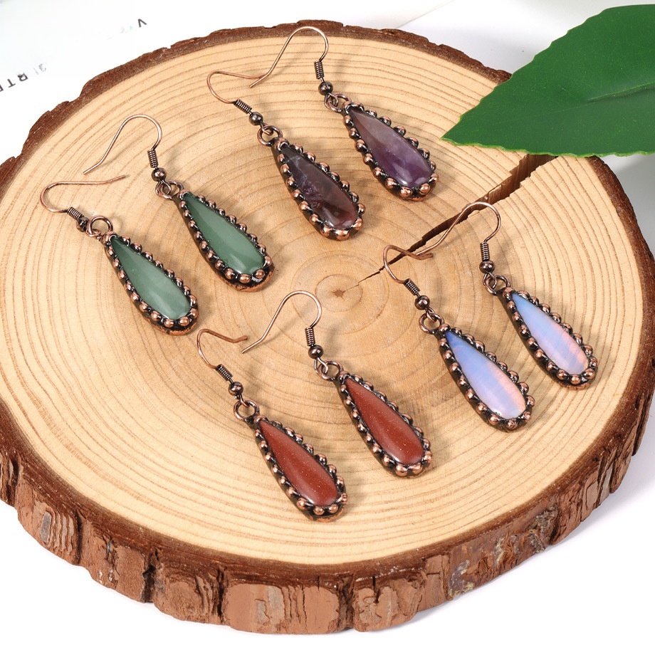 Retro  Natural Crystal Waterdrop Earrings Long East Ling Gold Sand Green Drop Ear Jewelry Accessories