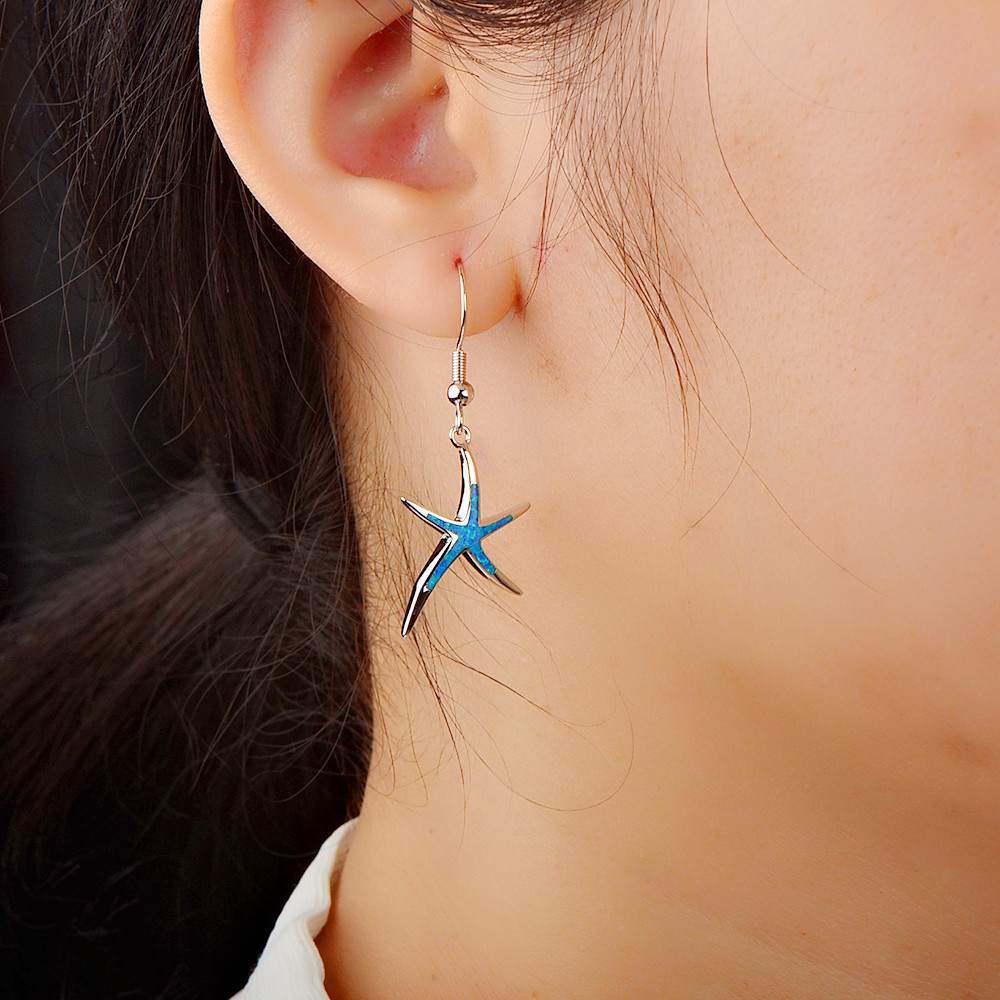 Blue Starfish Opal Hoops Women's Earrings Summer Vacation Style Geometric Pattern Copper Jewelry Accessories