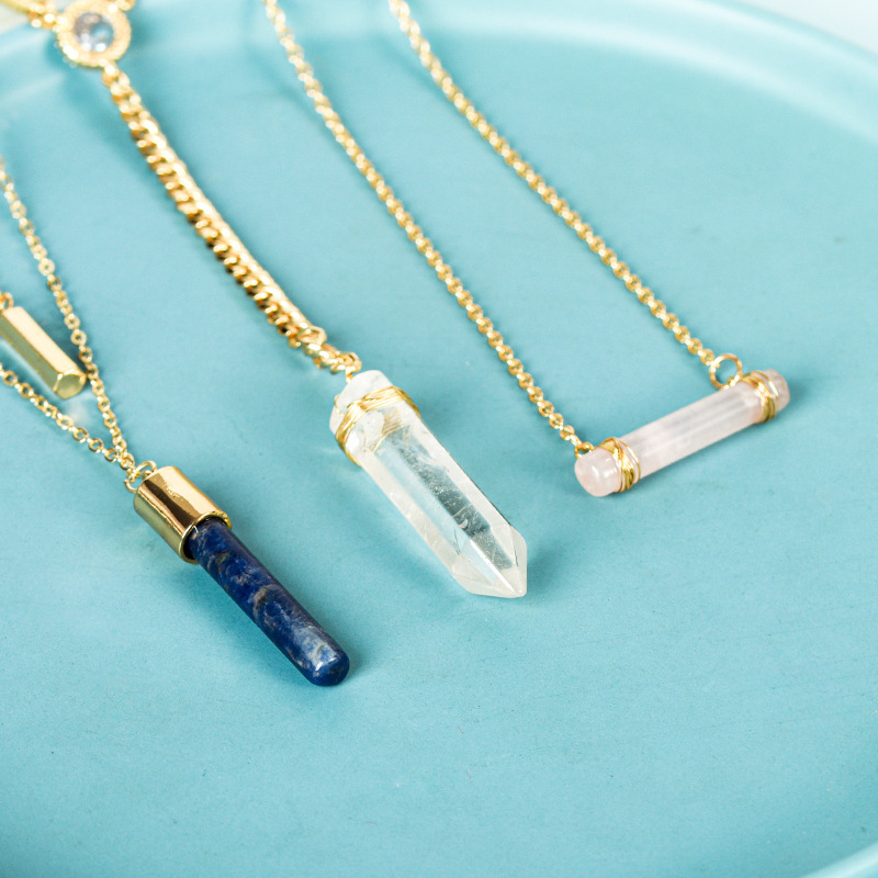 Natural Crystal Cylinder Pendant Necklace Wire Wrapped European And American Pink White Special Irregular Geometric Pattern Gemstone Accessories Alloy Wholesale