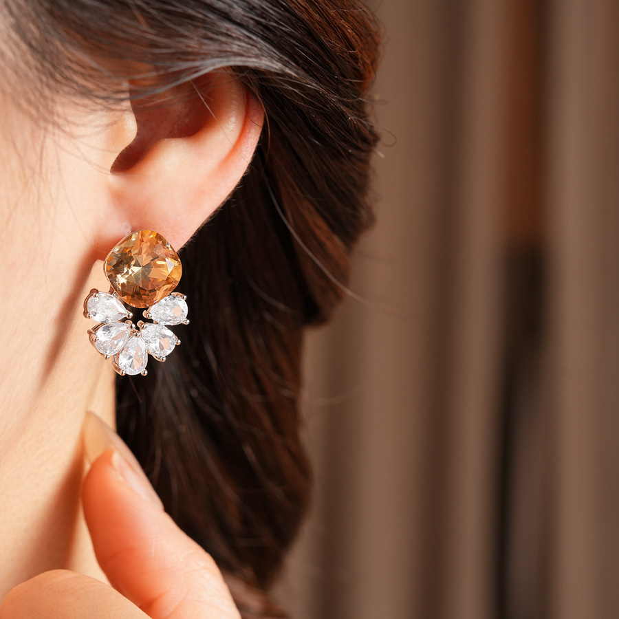 Silver Zircon Flower Water Drop Earrings Simple Iron Post Women's Jewelry Accessories