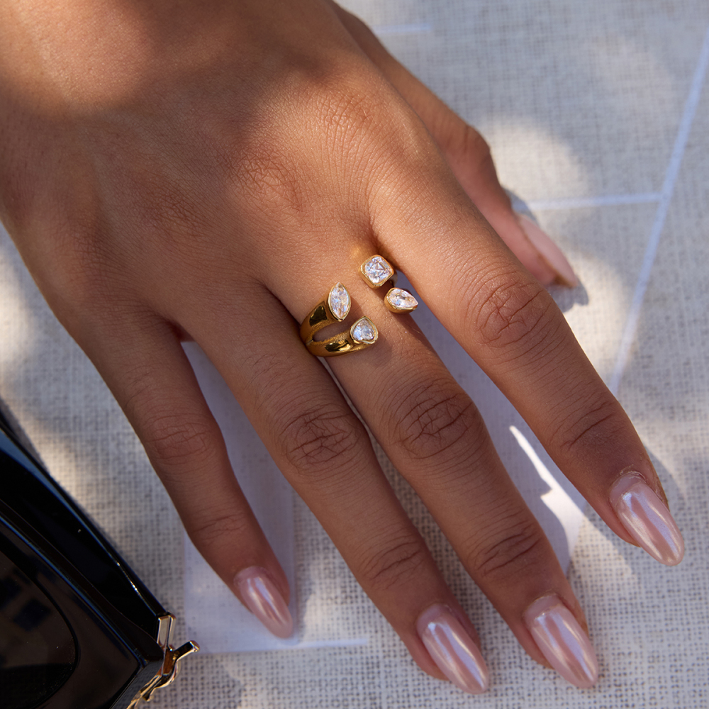 Women's Classic Style 18K Gold Stainless Steel + Zircon White Heart Water Drop Round Marquise Zircon Asymmetric Double Layer Open Ring Size 7