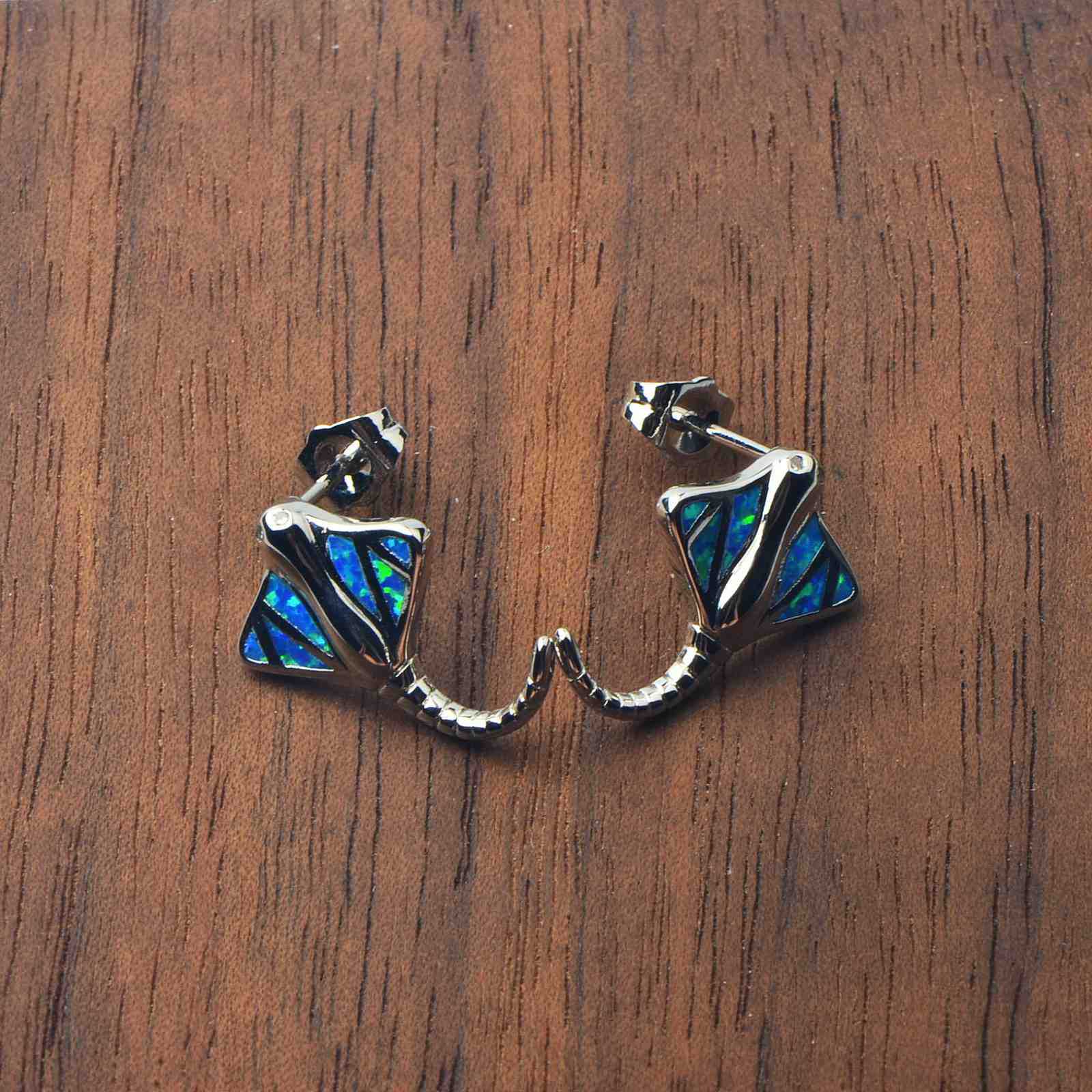Adorable Blue Opal Bat Fish Earrings For Girls Bohemian Style Floral Print Copper Material Simple Design Jewelry Accessories