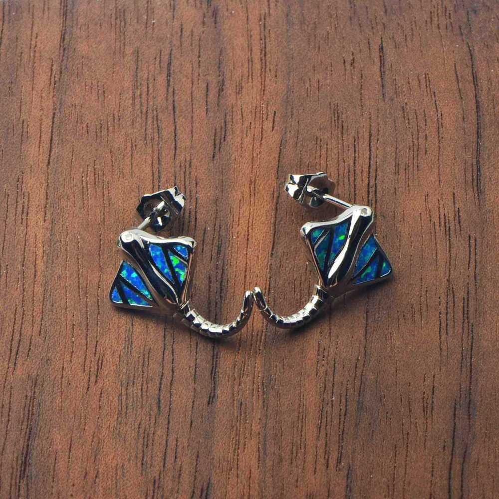 Adorable Blue Opal Bat Fish Earrings For Girls Bohemian Style Floral Print Copper Material Simple Design Jewelry Accessories