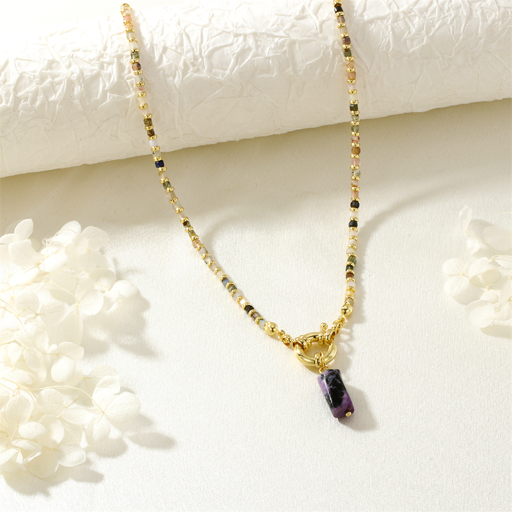 Vacation Classic Style Geometric Semi-precious Stone Tourmaline Copper Beaded Chain Pendant Necklace In Bulk