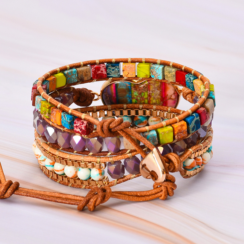 Romantic 7-Color Emperor Stone Leather Wrapped Bracelet Mixed Stones Heart Shape 3-Way Wound Classic Bohemian Style Jewelry