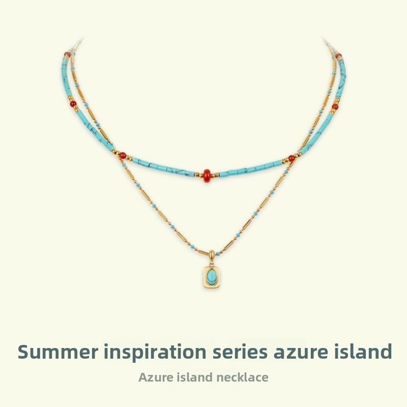 Three-layer Turquoise Bohemian Style Titanium Steel Collarbone Chain Necklace Women's Jewelry Accessories Heart Shape Geometric Pattern Design