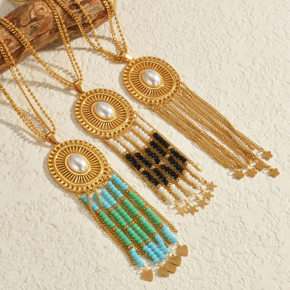 Bohemian Stainless Steel 18K Gold Plated Tassel Sweater Chain Necklace Trendy Women's Geometric Jewelry Accessories