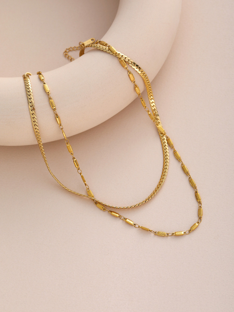 18K Gold Plated Non-Fading Double Layer Oval Splicing Necklace For Women Geometric Stainless Steel Jewelry Accessories