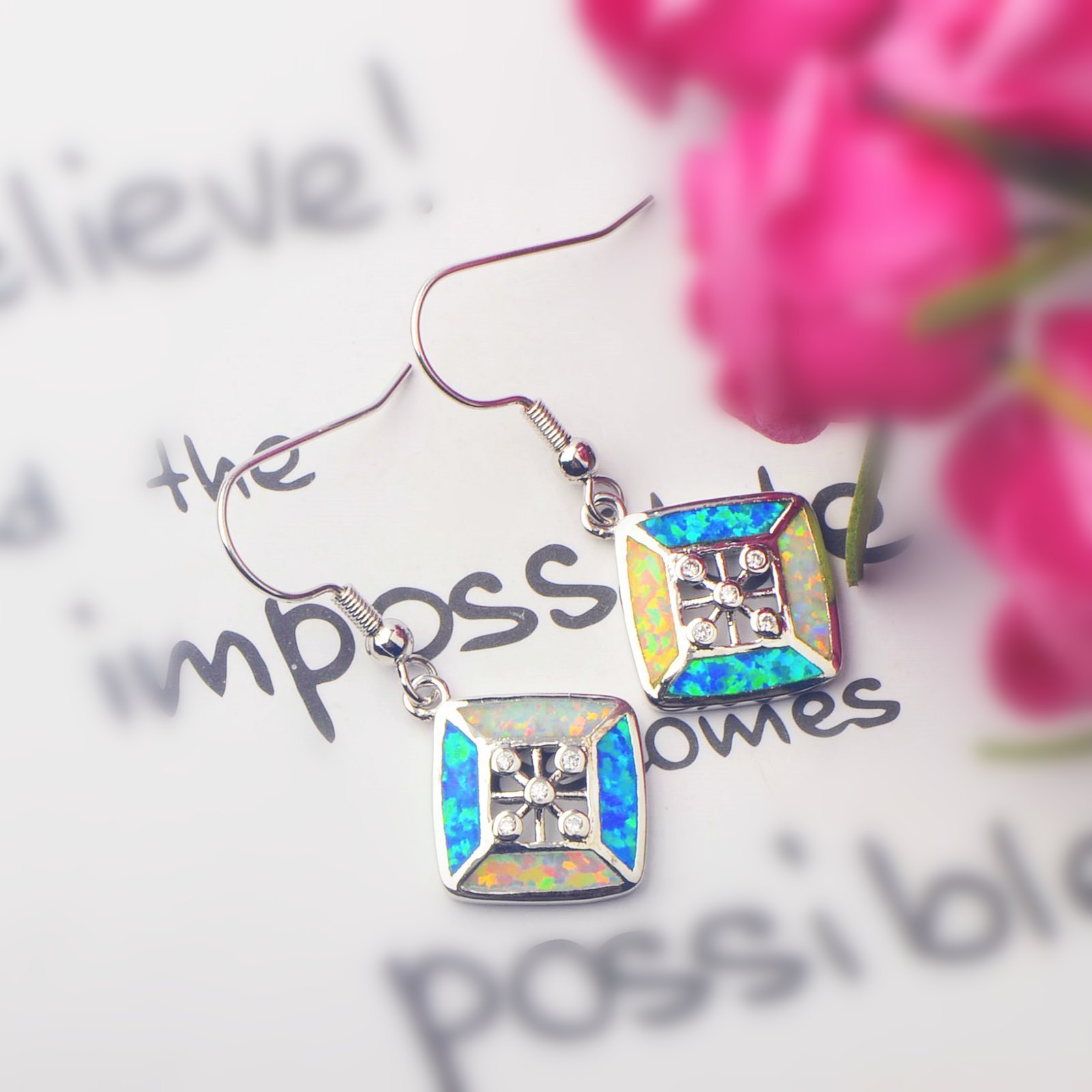 Simple European Style Opal Rhombus Shaped Earrings Fashionable Vacation Theme Copper Material Jewelry Accessories
