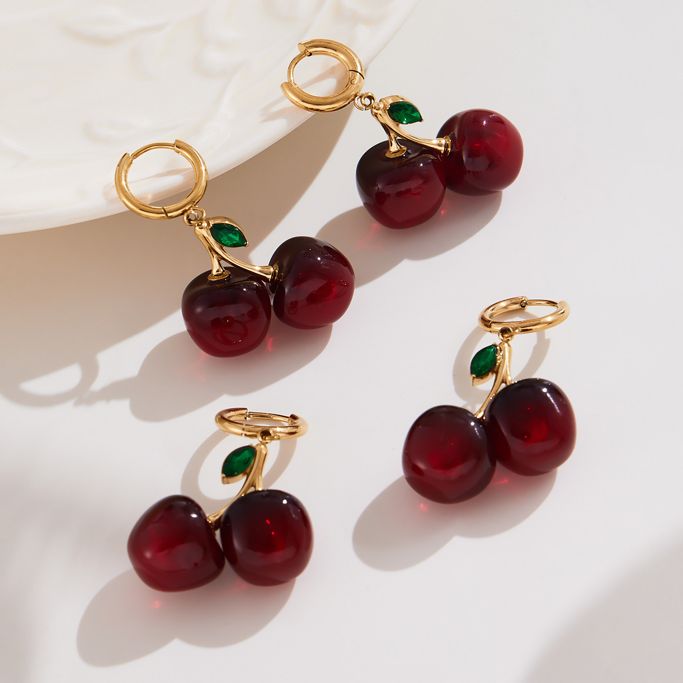 Stainless Steel Resin Cherry Pendant Necklace Earrings 18K Gold Plated European And American Fashion Versatile Fruit Jewelry Set
