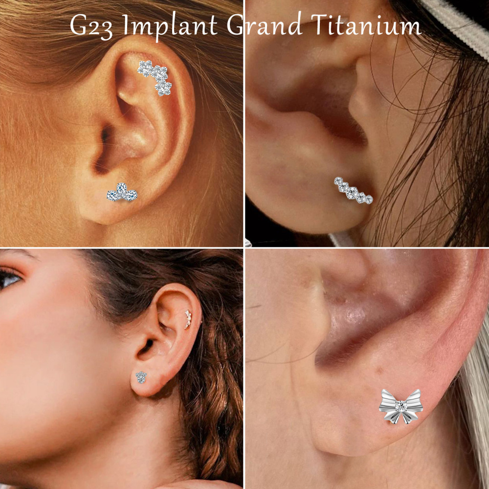 G23 Titanium Material Zircon Threaded Flat Back Earrings Ear Bone Stud Nose Stud Polished Piercing Jewelry Ear Accessories