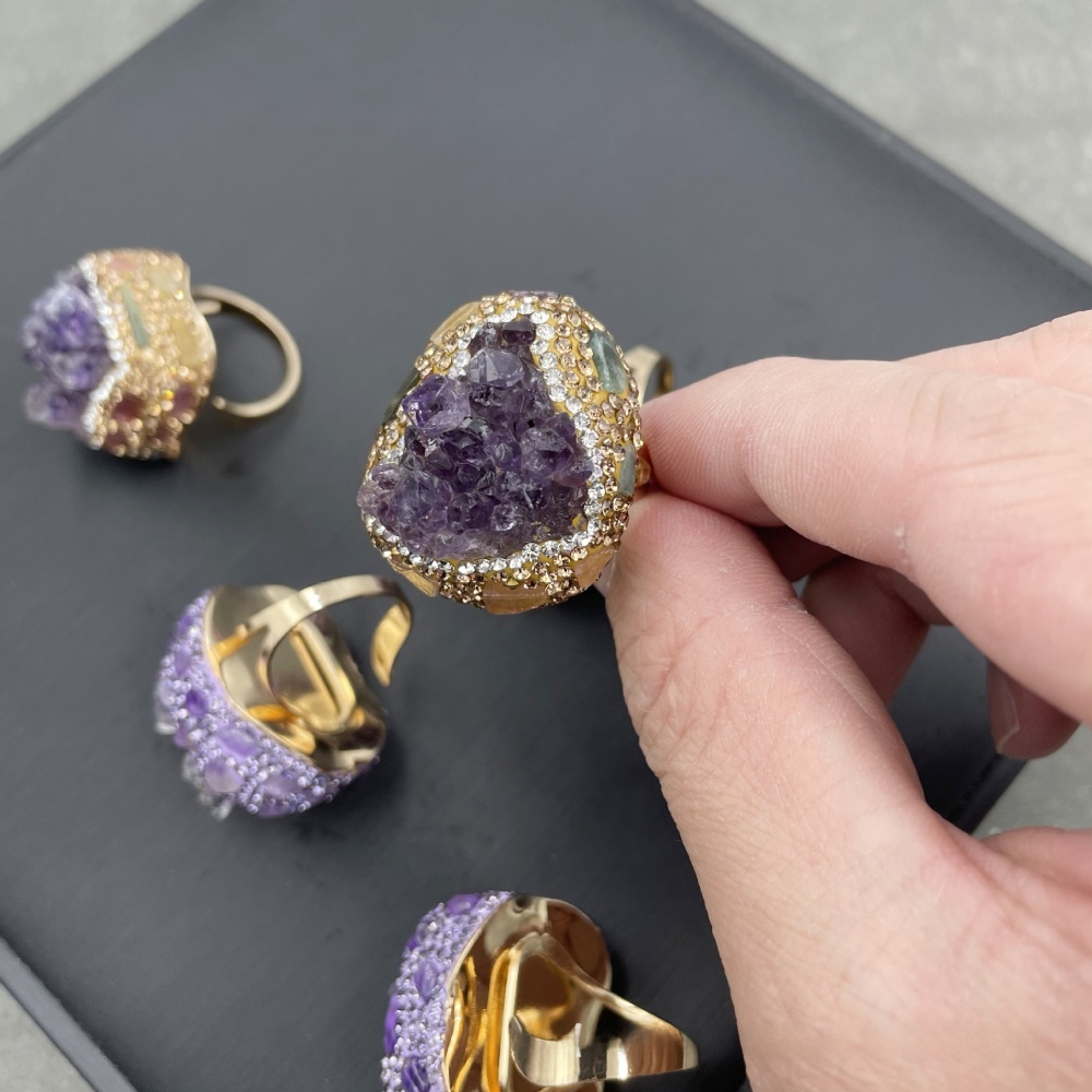 Natural Original Mine Crystal Tooth Gem Ring Uruguay Purple Quartz Finger Ring  Personality Accessories