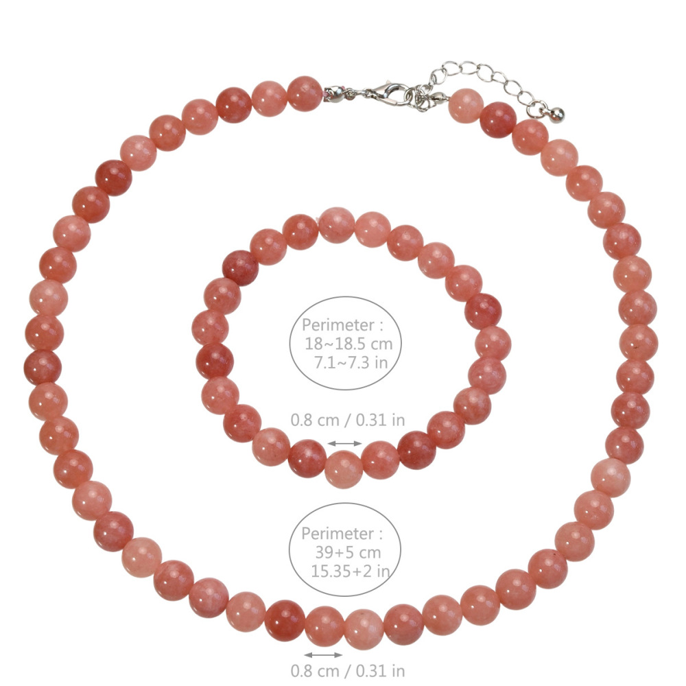 Elegant Vintage Pink Sunstone Bracelet Necklace Set For Women Natural Stone Jewelry Gift Accessories 8mm Round Design