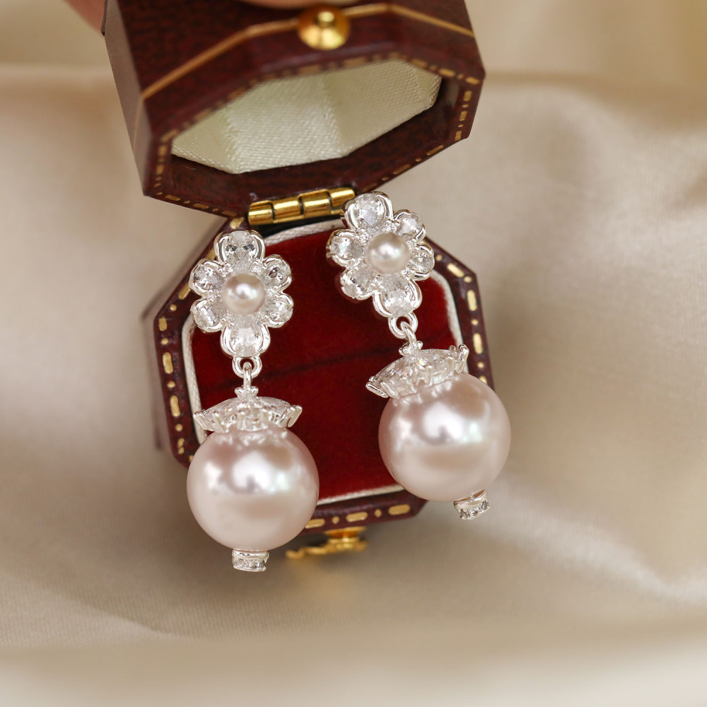 French Vintage Silver Lace Flower Pearl Earrings Elegant Personality High Grade Live Broadcast Best Selling Copper Geometric Pattern Bohemian Style Fashion OL Oval Shape Plated Women's Jewelry Accessories