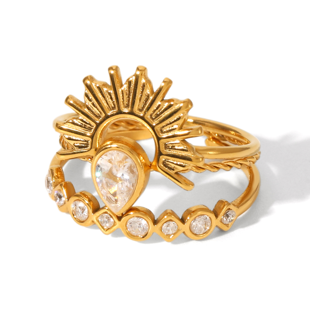 304 Stainless Steel Crown PVD Coated Zircon 18K Real Gold Plated IG Style Luxurious Waterproof Non Tarnish Gold Rings