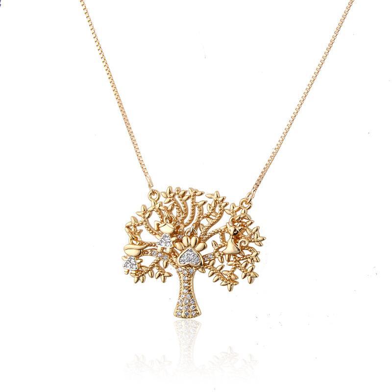 New Fashion Champagne Gold Big Tree Pendant Copper Micro Inlay Zircon Tree Necklace Wholesale