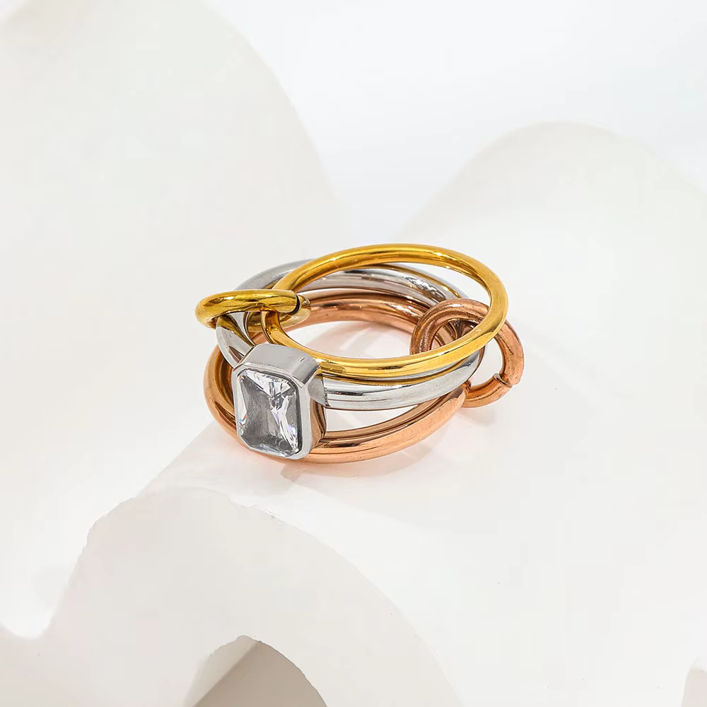Fashionable Three-Color Three-Ring Zircon 304 Stainless Steel 18K Gold Plated Geometric Vacuum Electroplated Waterproof Non-Fading Ring