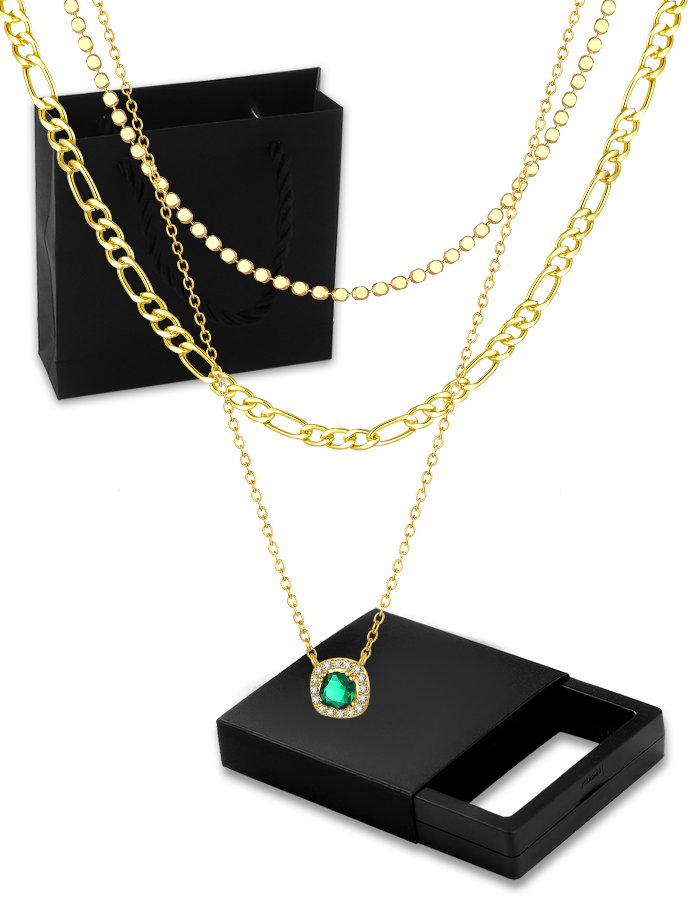 18K Gold Plated Personalized Grid Paperclip Box Multi-layer Necklace With Copper Inlaid Shiny Cubic Zirconia Pendant Set Necklace/Fashion Jewelry Gift Box Accessories/Suitable For Girlfriend Gifts And Daily Wear