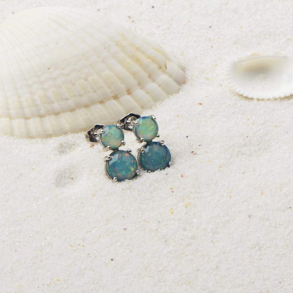 Cute Girl's Blue Opal Round Earrings Bohemian Style Flower Print Copper Jewelry Simple Craftsmanship Elegant Fashion Accessories