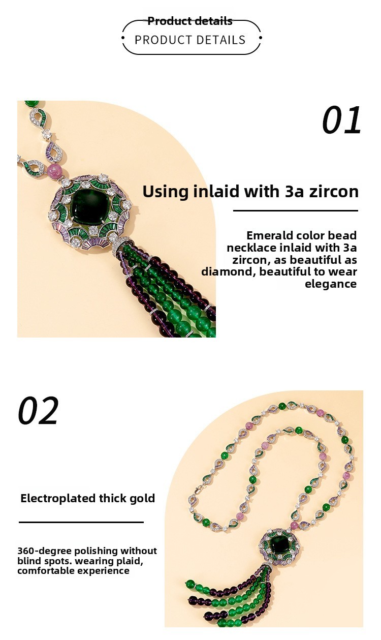 New Chinese Style Beaded Necklace 18K Gold Plated Emerald Tassel Luxury Sweater Chain Jewelry Simple Round Design Pendant