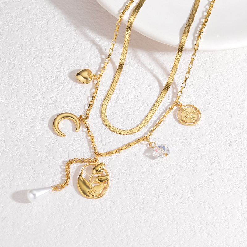 304 Stainless Steel Heart Shape Flower PVD Coated Rhinestones 18K Real Gold Plated Elegant Retro Classic Style Waterproof Non Tarnish Snake Chain Gold Multi Charms Necklace