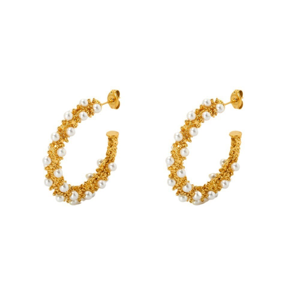 Exaggerated C-Shape Earrings Ins Luxury Bead Embedded Gold Plated Stainless Steel Waterproof Women's Jewelry Fashion Accessories