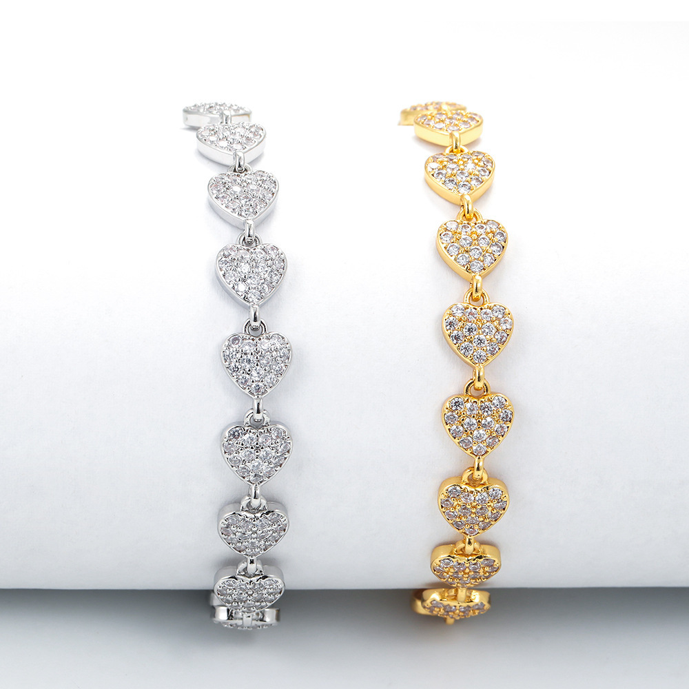 Fashion Geometric Full Row Of Heart Micro-encrusted Zircon Copper Bracelet